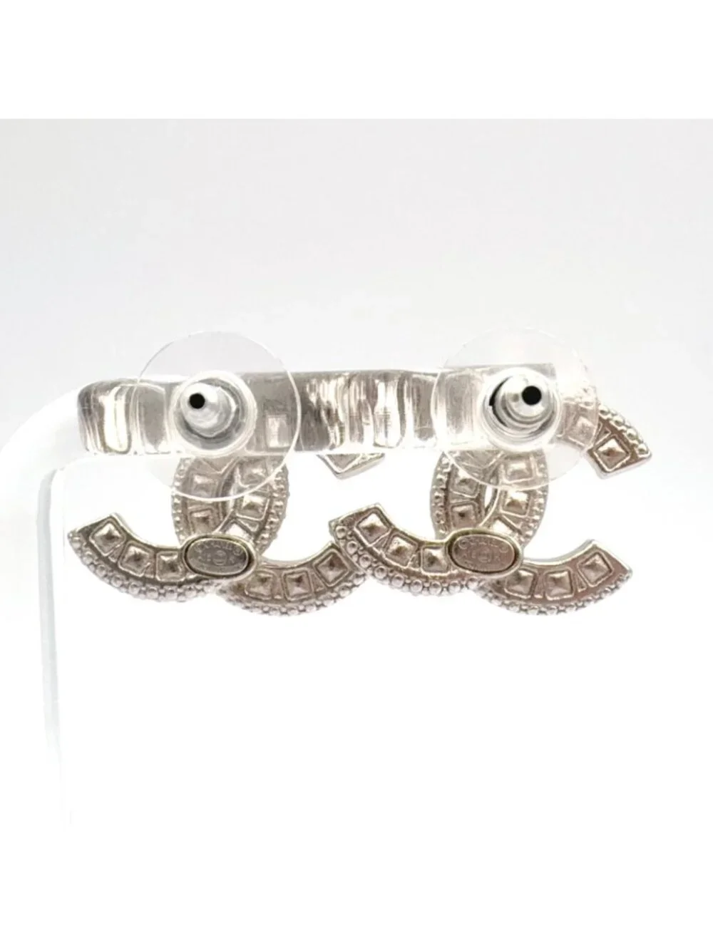 Chanel CC Logo Metal Rhinestone Color Stone Silver Black Earrings